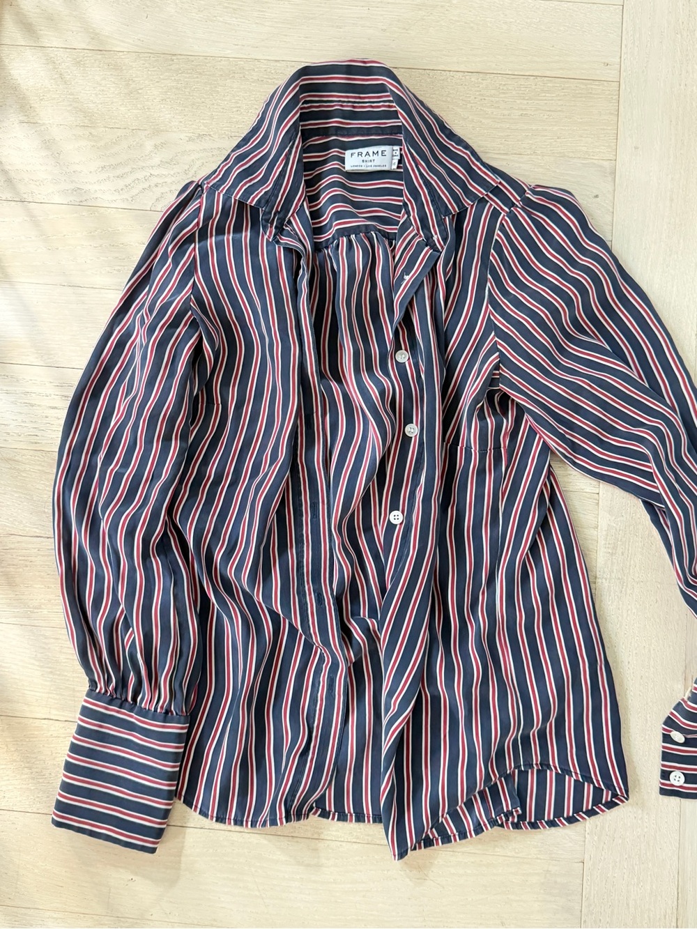 FRAME Silk Stripe Button-Down Shirt in Navy, White & Red